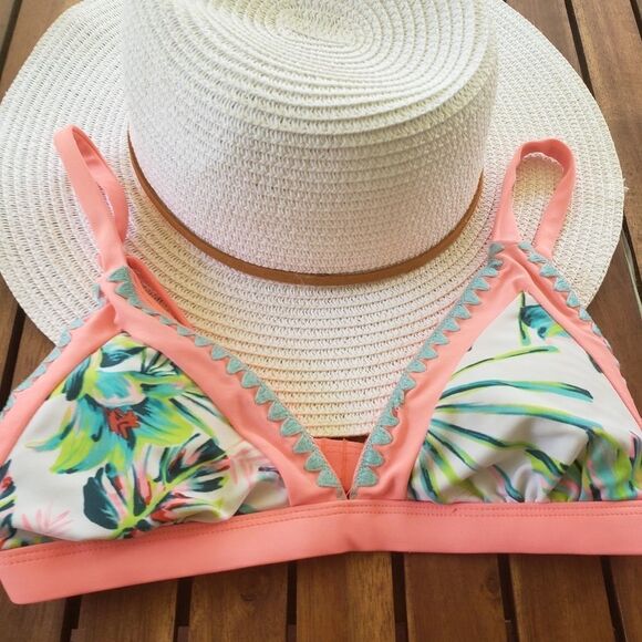 💗Xhiliration Bikini Top Coral and Turquoise - Picture 1 of 4